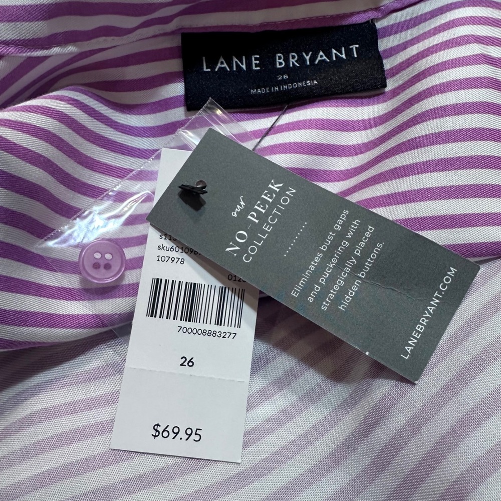 NWT Lane Bryant No-Peek Striped Tunic Shirt Purple White 26 Lyocell Belted - Picture 4 of 9